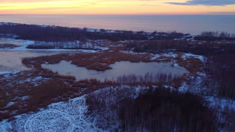 frozen lagoon in a cold forest on the coast of a european country at sunset