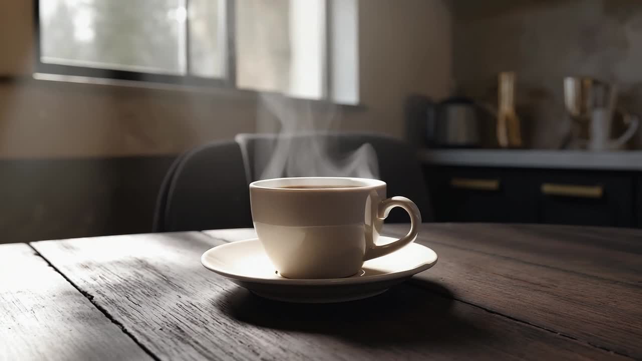 Warm cup of coffee on a wooden table. A steaming cup of coffee sits on a plate on a rustic wooden table in a cozy kitchen setting.