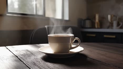 warm cup of coffee on a wooden table. a steaming cup of coffee sits on a plate on a rustic wooden table in a cozy kitchen setting.