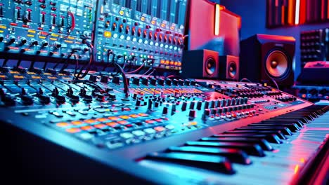 a synthesizer sitting on top of a desk in a recording studio