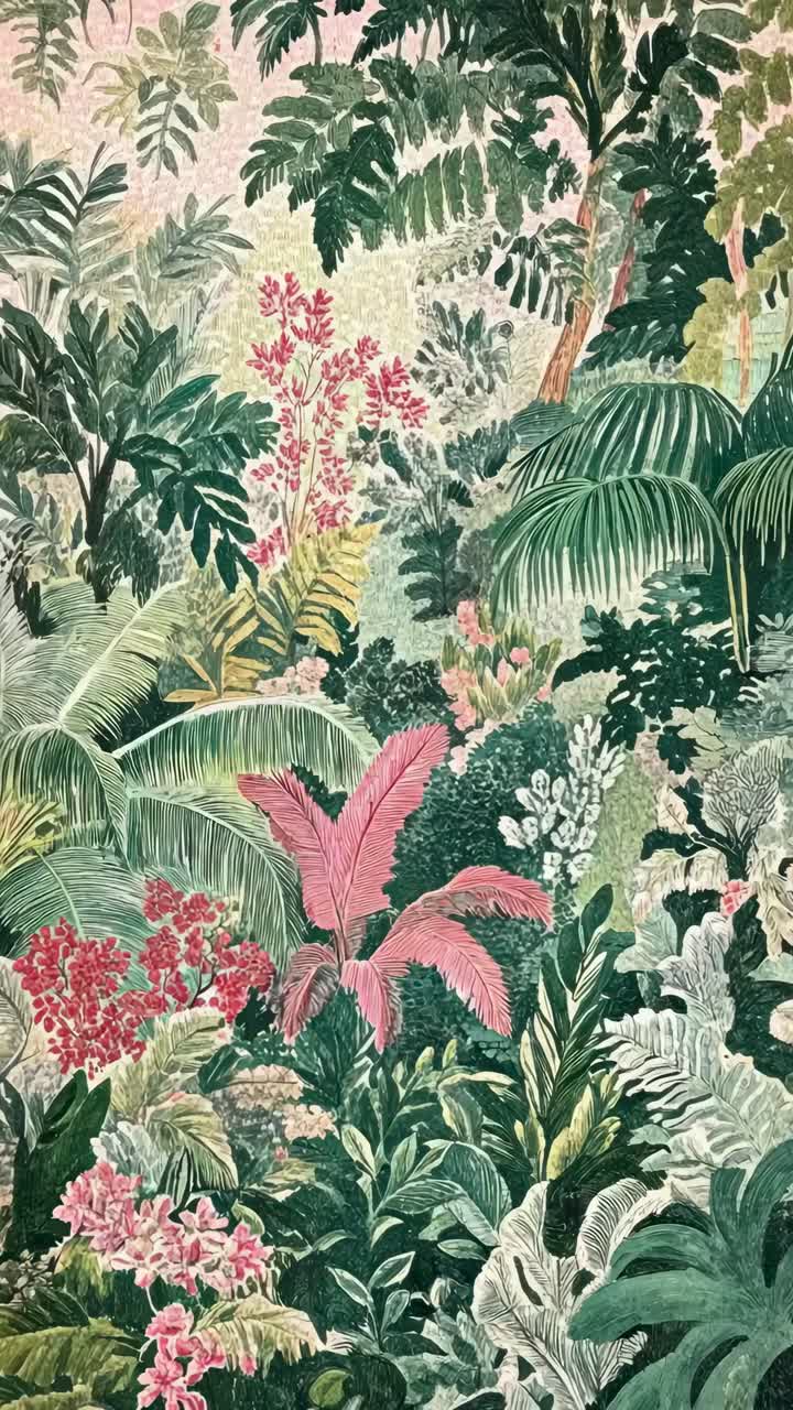 Lush tropical foliage with vibrant pink and green leaves, captured from a straight-on angle