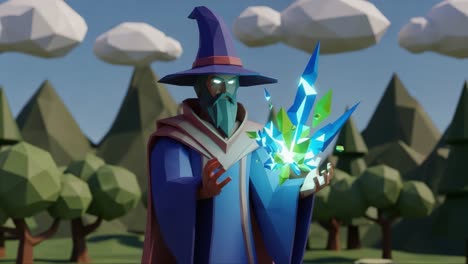a powerful wizard, adorned in mystical robes, conjures vibrant crystals in a lush, verdant landscape filled with green trees and dynamic clouds above him