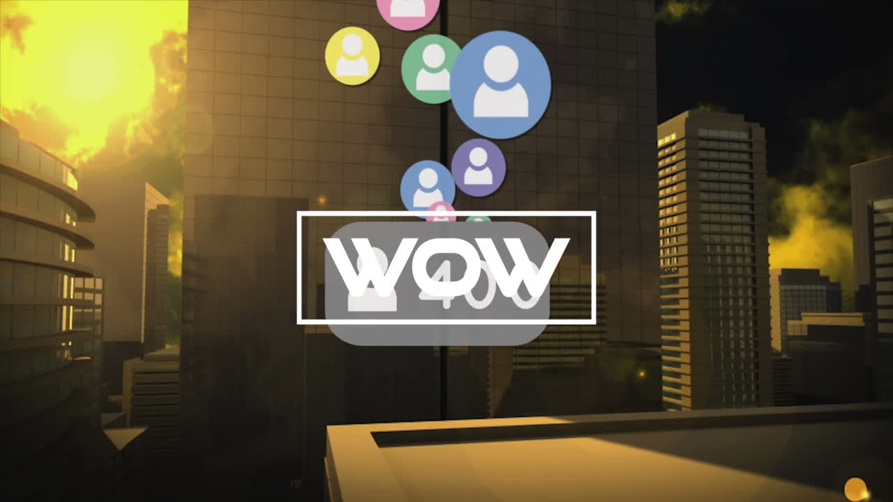 Animazione del testo 'wow' e numeri in crescita con icone su uno sfondo di paesaggio urbano