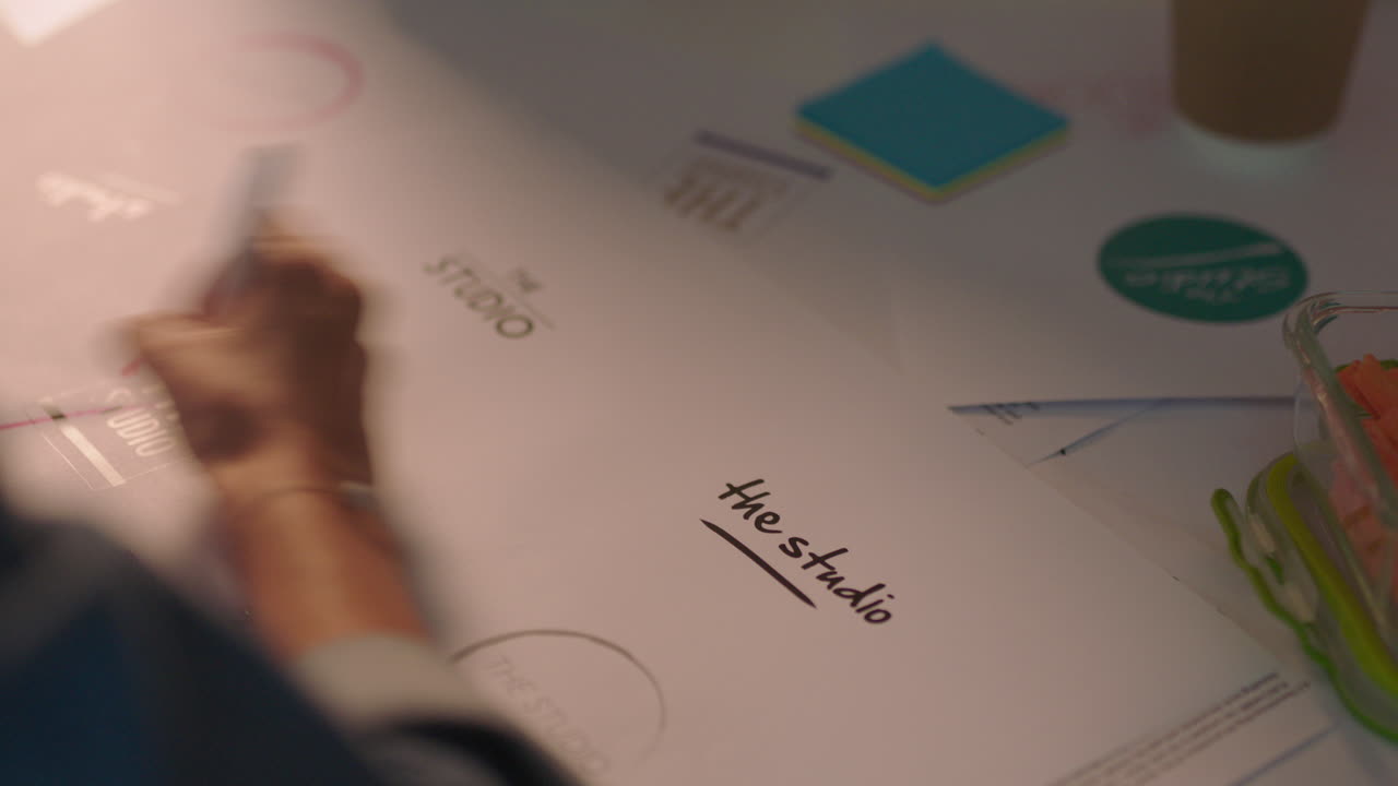 personas de negocios que trabajan hasta tarde equipo de marketing diseñando el logotipo de la compañía lluvia de ideas planeando proyectos creativos fecha límite en la oficina por la noche