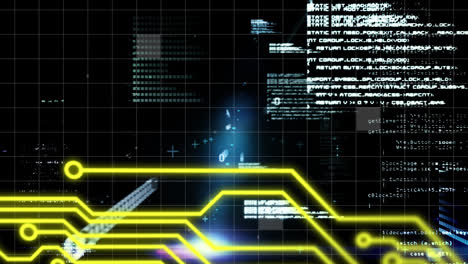 animación de formas amarillas flotantes con datos e información sobre una cuadrícula