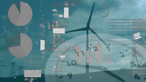 Animation-Einer-Sich-Drehenden-Windturbine,-Einer-Sich-Bewegenden-Uhr-Und-Eines-Börsendiagramms-