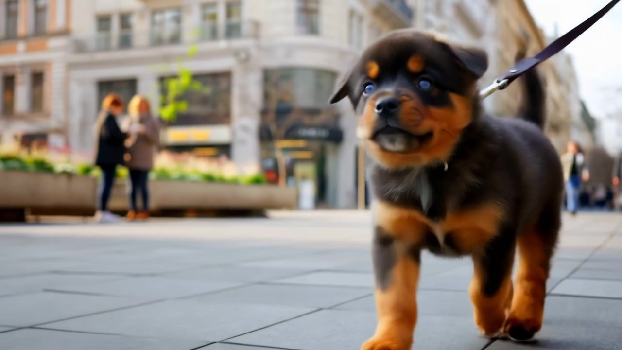 Cucciolo di Rottweiler sul marciapiede della città, dettaglio inquadrato dal basso di espressione curiosa e occhi vivaci, conduttore che tiene