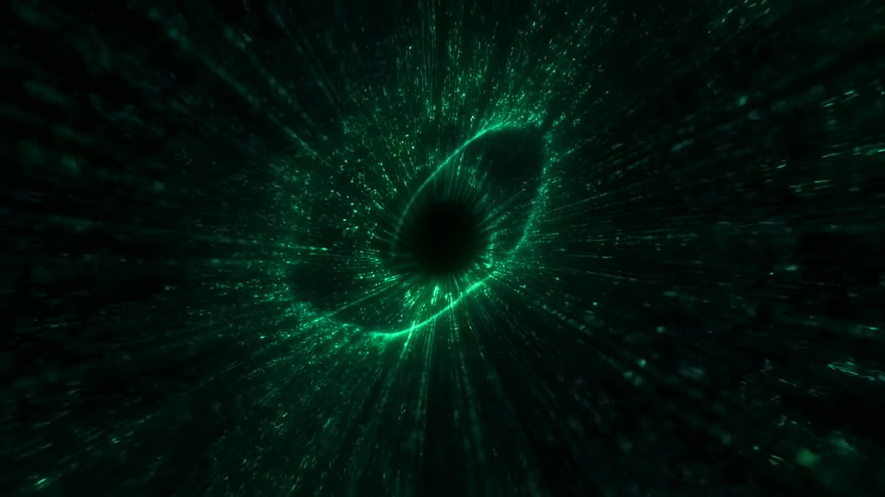 Deep Green Cosmic Vortex Tunnel With Swirling Particle Streaks And Black Central Aperture, Highspeed Radial