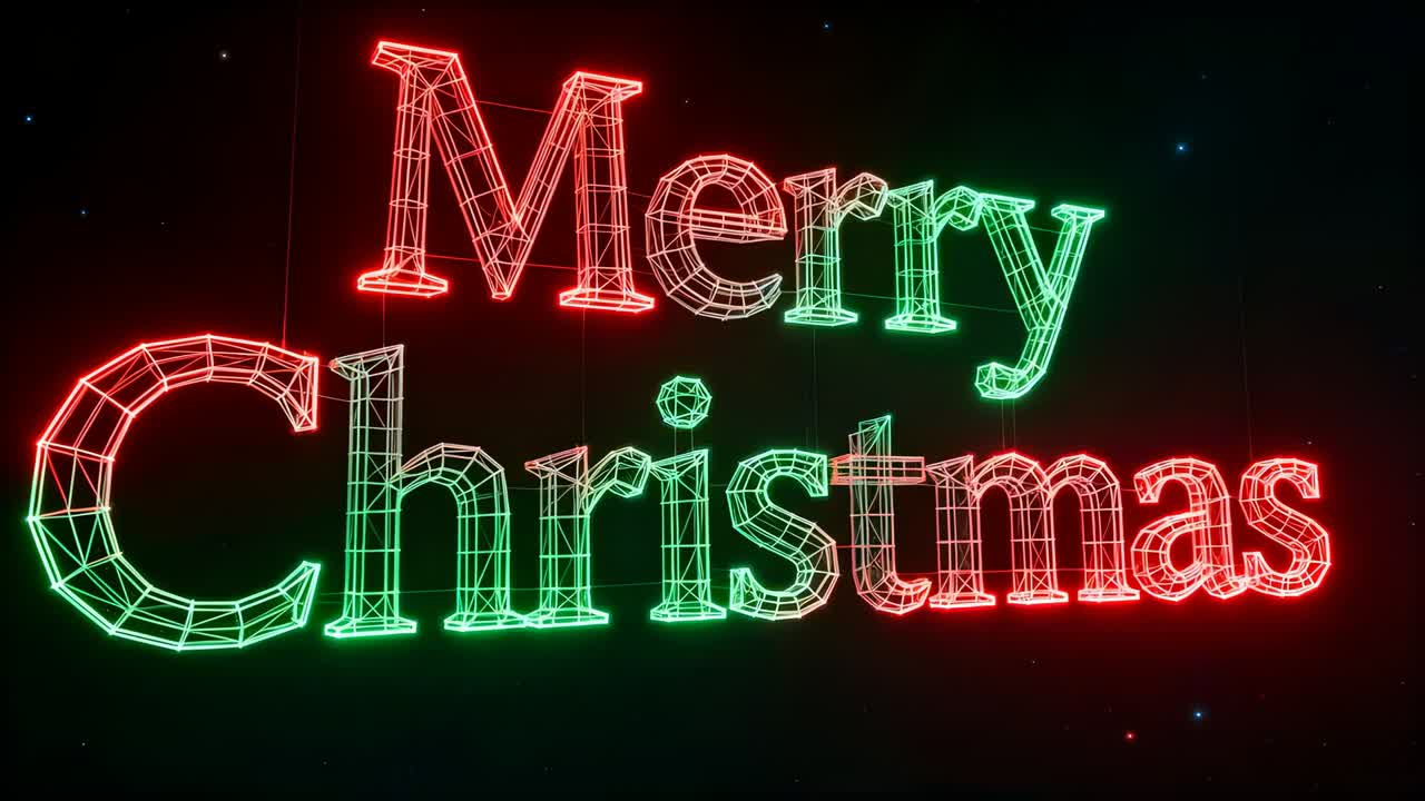 Starting color sweep, mesh Merry Christmas shifting neon glow for holidays on CGI stage with stars