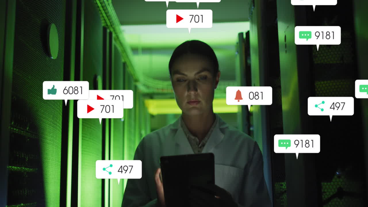 Animation of social media icons and numbers over caucasian female it technician by computer server