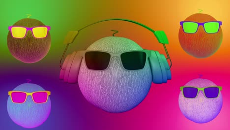 3d animation looped of fancy melon. dancing of fresh melon with headphone and sunglasses.