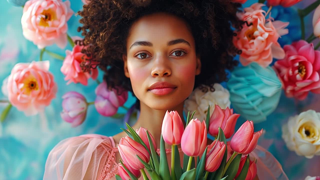 Portrait of a Woman Holding Pink Tulips Against a Floral Background