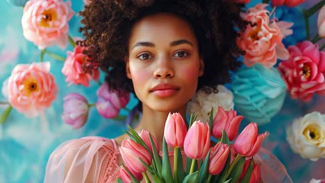 portrait of a woman holding pink tulips against a floral background