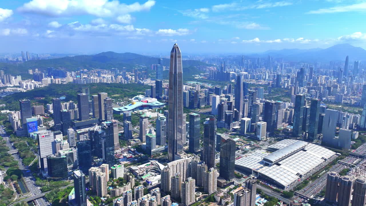 Cinematic Shenzhen City Flyover – Iconic Skyline, Futian CBD Exhibition Center Footage for Ads