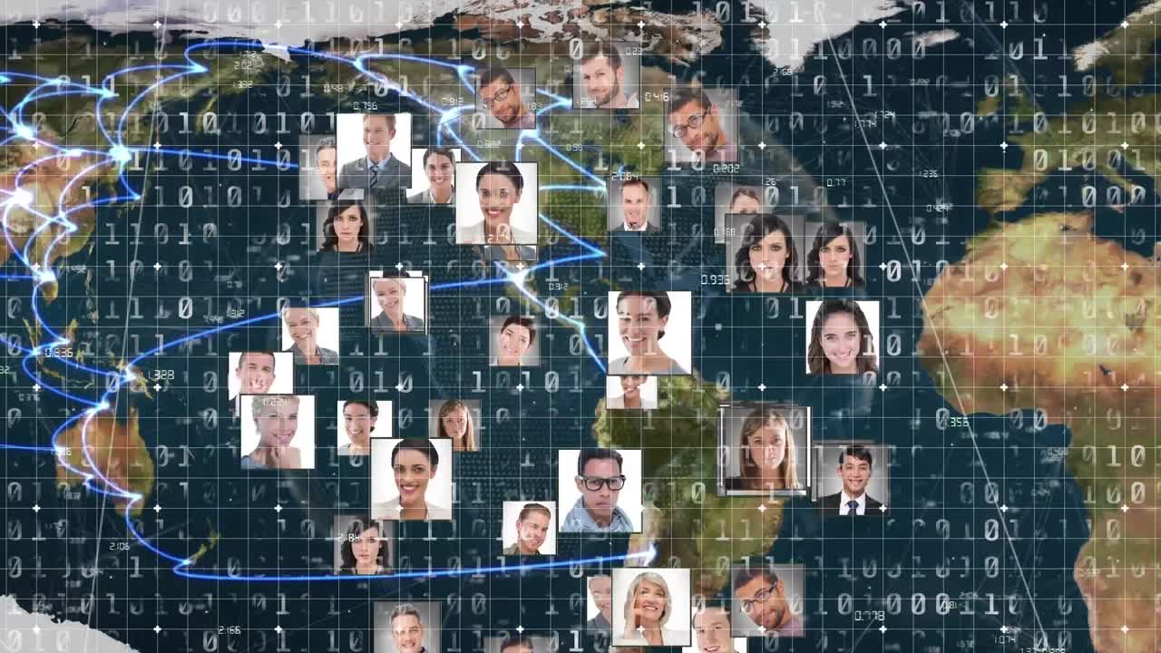 animación de diversos iconos de personas sobre el procesamiento de datos y el mapa del mundo