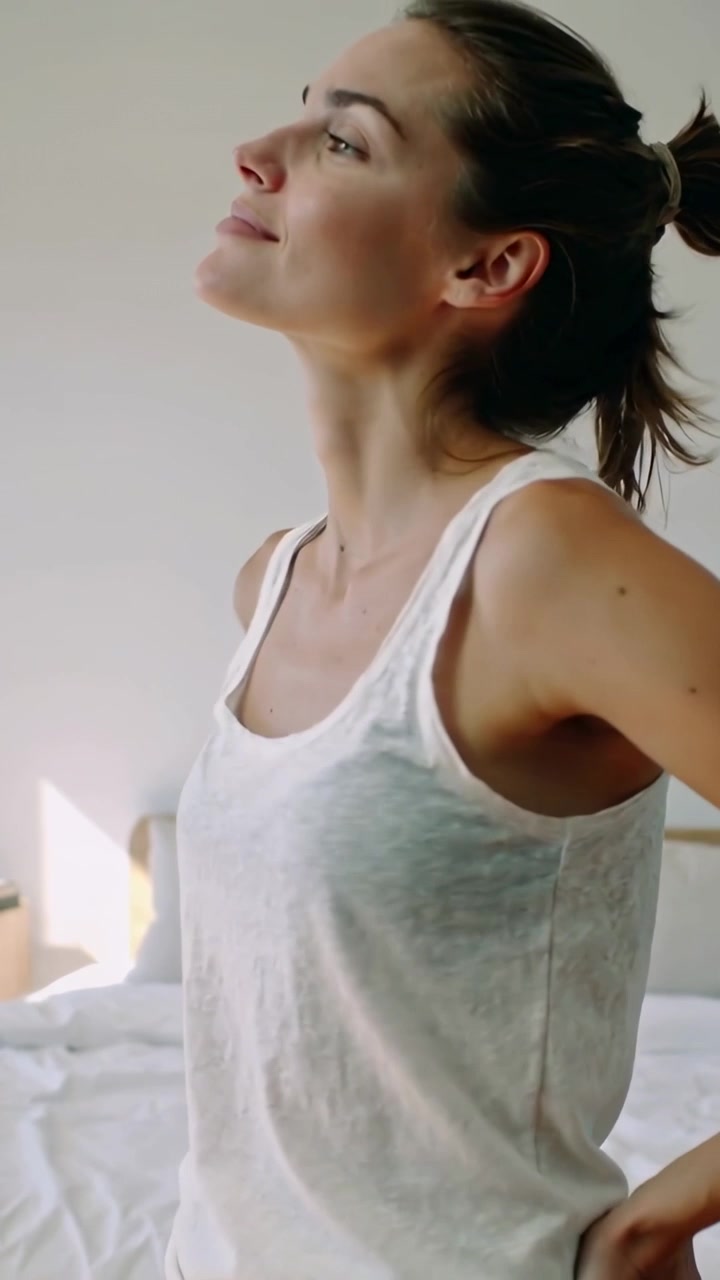 Video verticale: Donna in canotta e pigiama che si sistema la vita, allunga il collo dopo essersi svegliata in camera da letto, a letto
