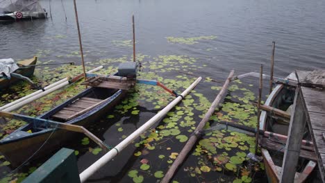 Barcos-Flotan,-Lirio-De-Loto-Hojas-De-Agua-Lago-Beratan-Paisaje-Nublado-Bali-Bedugul-Indonesia-Bote-De-Remos,-Artístico