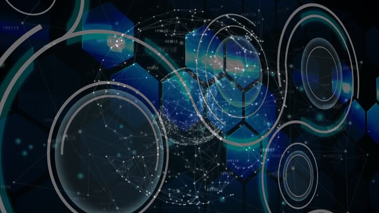 Animation of globe of connections over shapes on black background