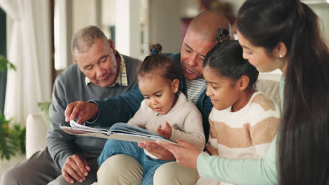 reading book, big family and kids in home