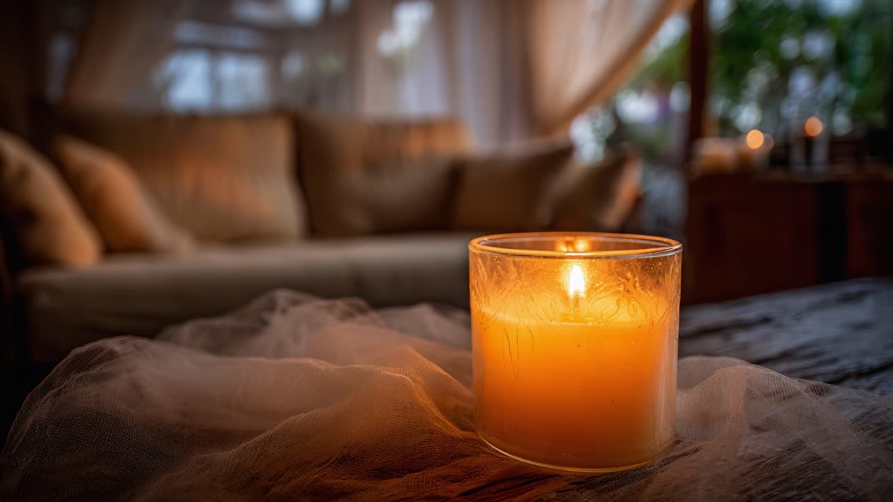 En rolig stemning med levende lys: Et koselig oppholdsrom med et glødende stearinlys omgitt av sofaer og myke tekstiler, som skaper en varm og innbydende atmosfære