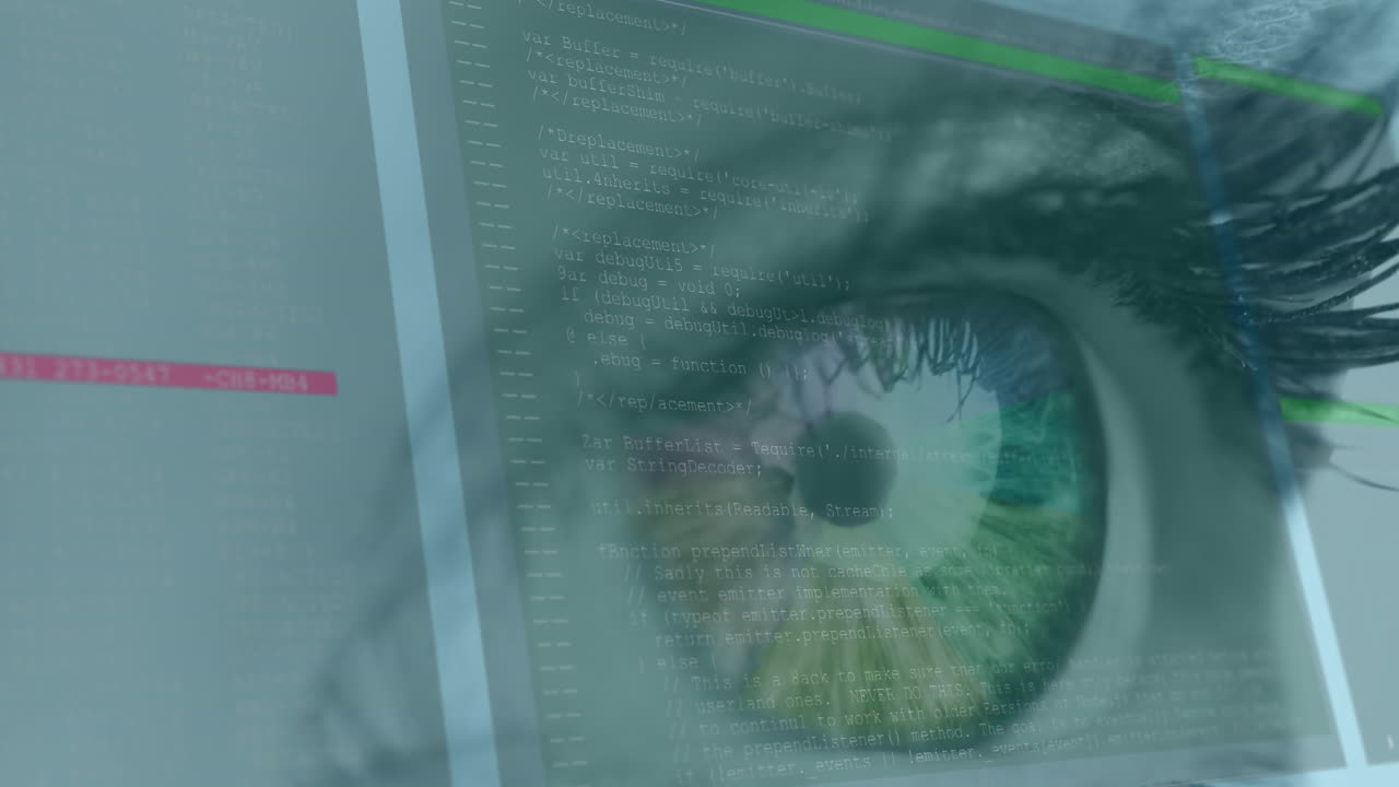 animación del ojo verde de la mujer y información digital de desplazamiento rápido con líneas blancas