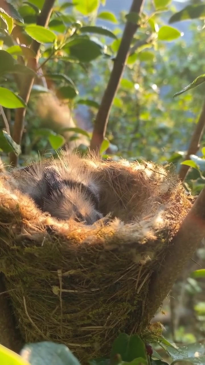 Piccoli uccellini che riposano in un nido accogliente, illuminati dalla calda luce del sole.