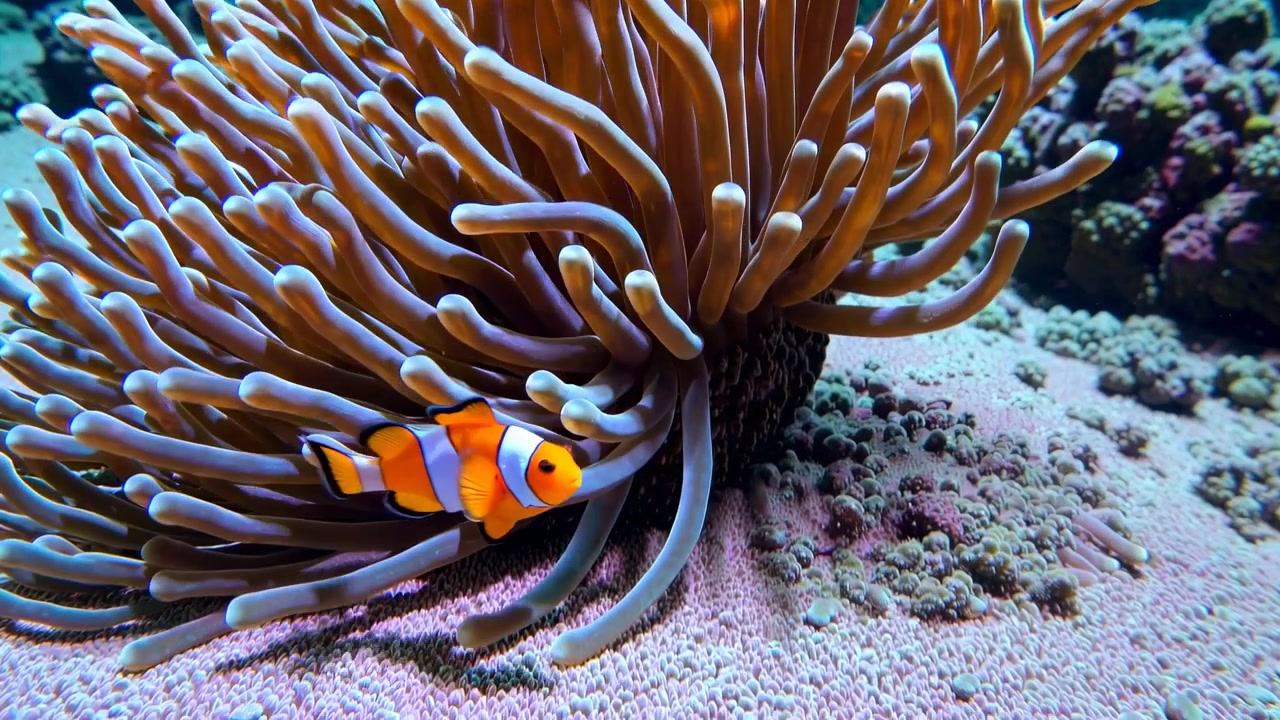 Pesce pagliaccio che nuota tra i tentacoli di un'anemone di mare