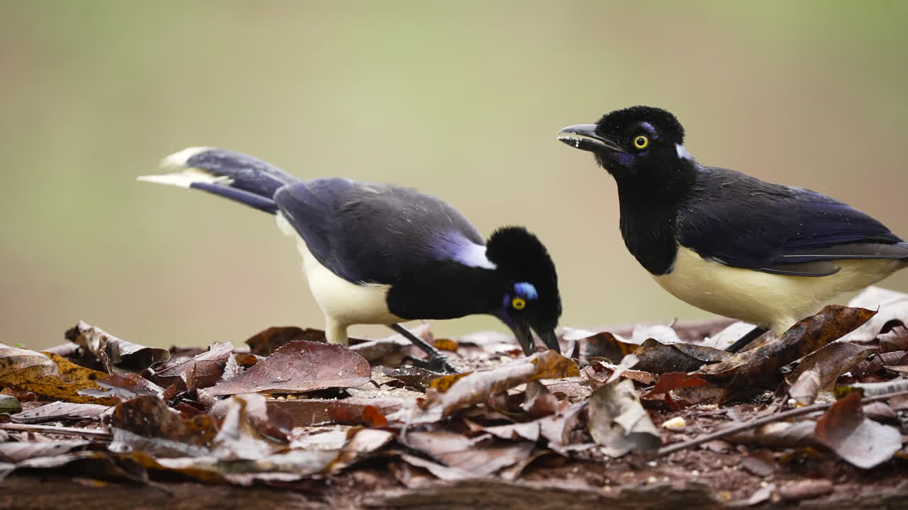 A trio of stunning Plush-crested Jays captured in the act of feeding, their vibrant plumage adding bursts of color to the lush jungle backdrop