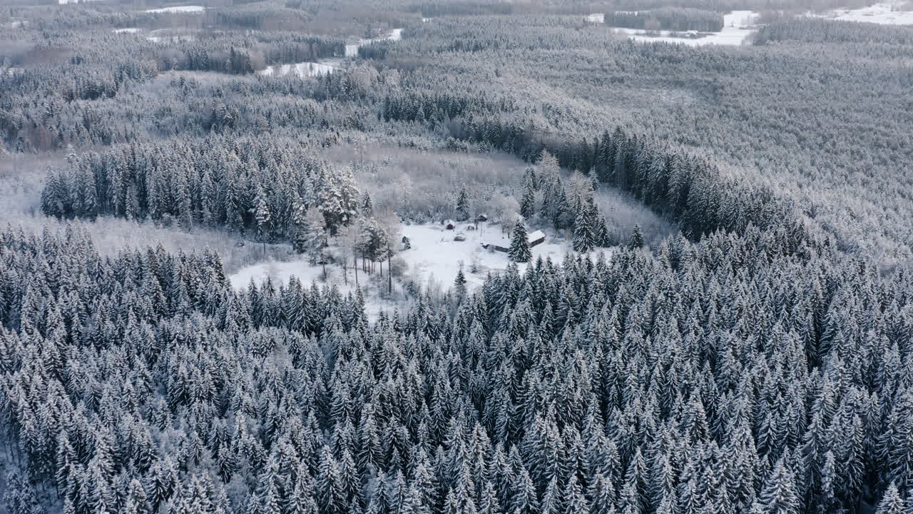 공중에서 드론으로 찍은 사진, 눈 인 숲 위에서 눈이 쌓인 오두막을 향해, 어고 구름이 쌓인 겨울 날, 핀란드 라플란드에서
