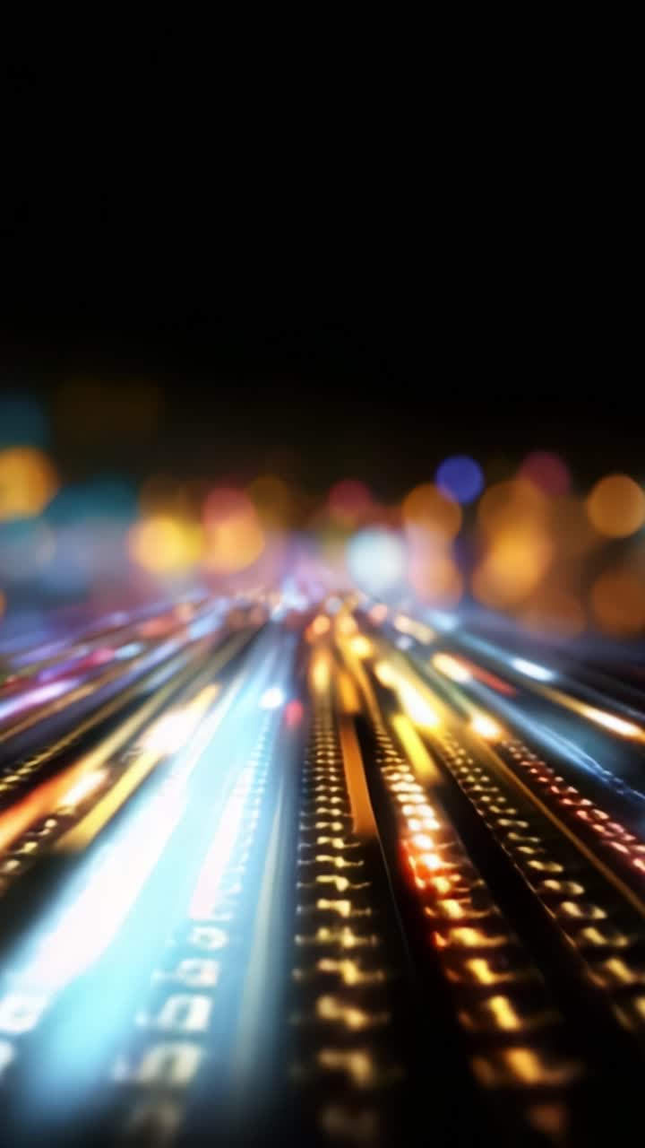Scie di luce vibranti ed effetti digitali creano una visualizzazione dinamica di motivi colorati in uno sfondo sfocato, illustrando il movimento tecnologico