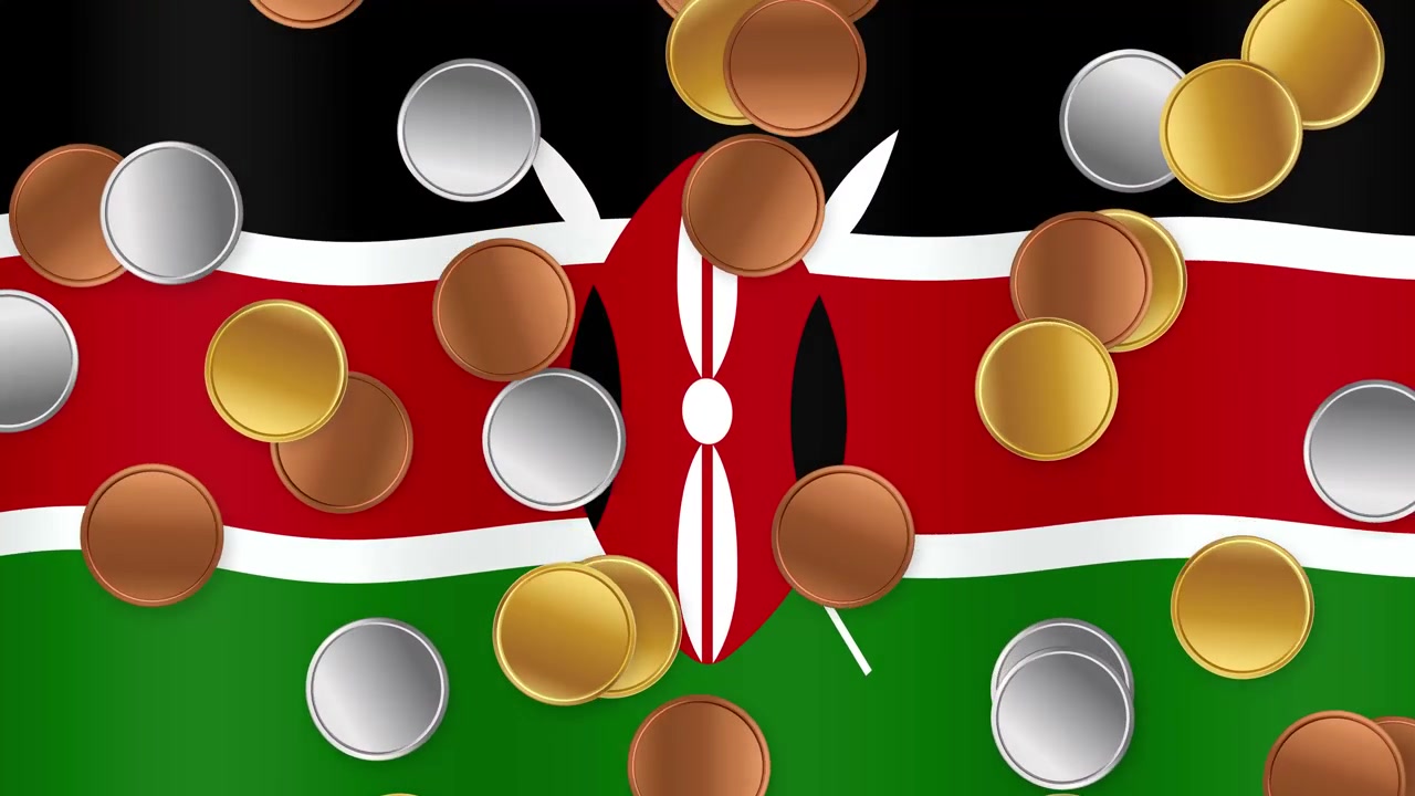 Pièces d'or, d'argent et de bronze animées tombant continuellement sur un drapeau national du Kenya flottant.
