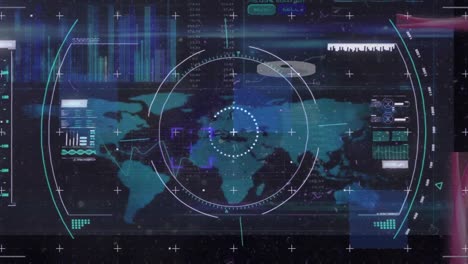 animación de escaneo de alcance y procesamiento de datos sobre el mapa del mundo