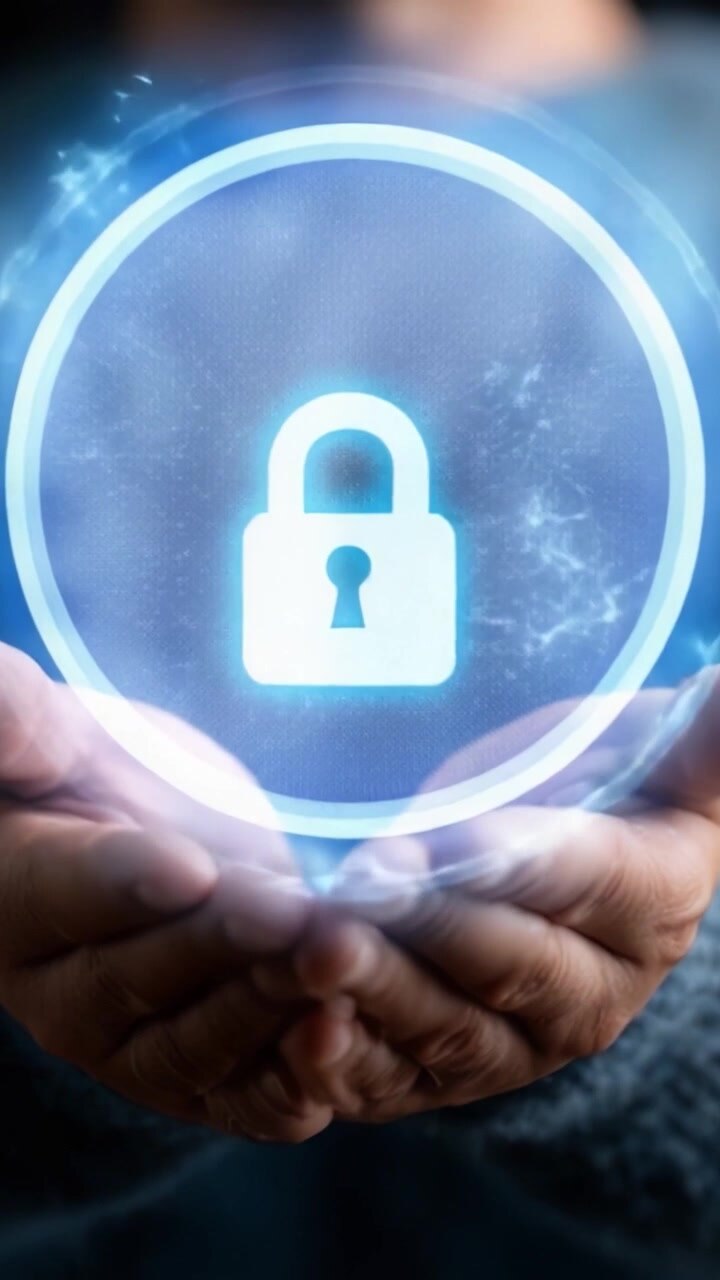 Una Persona Tiene un Simbolo di Lucchetto Olografico Luminoso, che Rappresenta i Concetti di Sicurezza e Protezione nell'Era Digitale, Sottolineando l'Importanza di Salvaguardare le Informazioni.