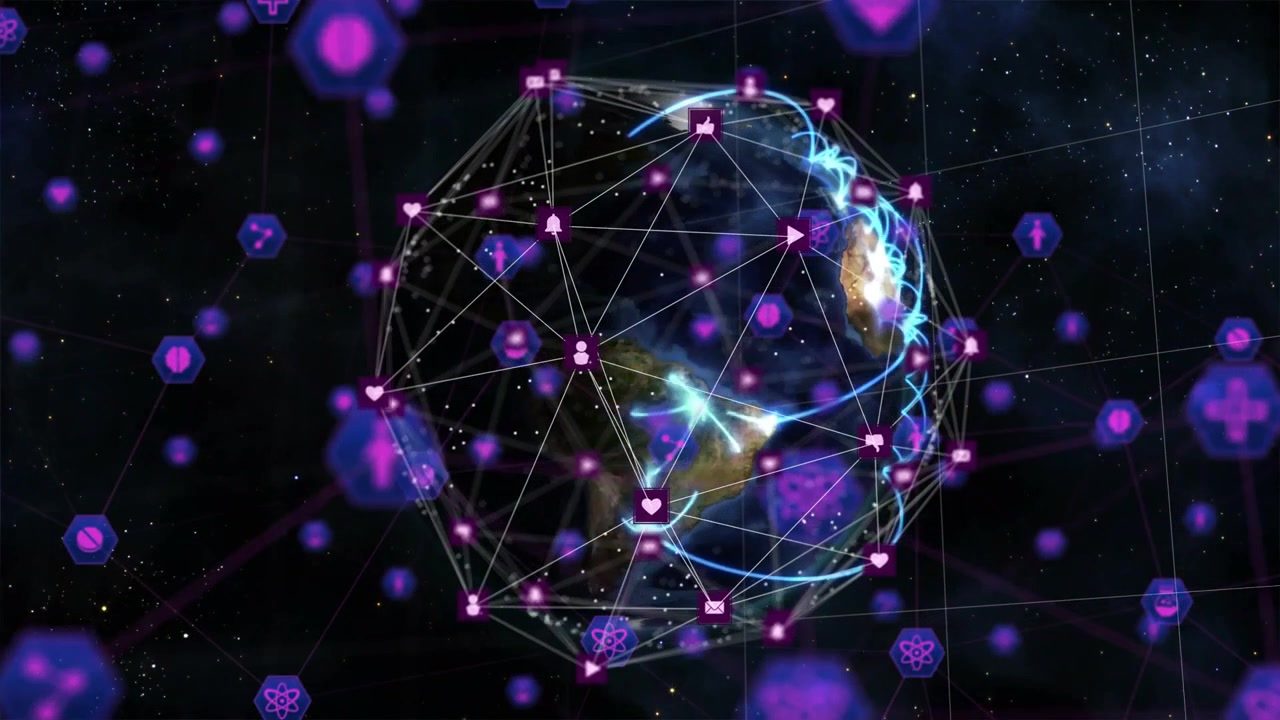 Video verticale: Globo in rete che ruota, generando icone esagonali che sprigionano flussi blu visualizzando dati.