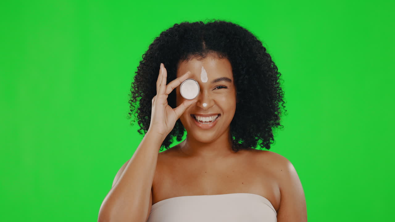 Beauty, green screen and face of woman with cream