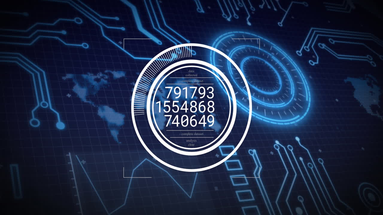 레이더, 회로판 패턴, 지도 및 지구상에서 원으로 여러 숫자의 애니메이션