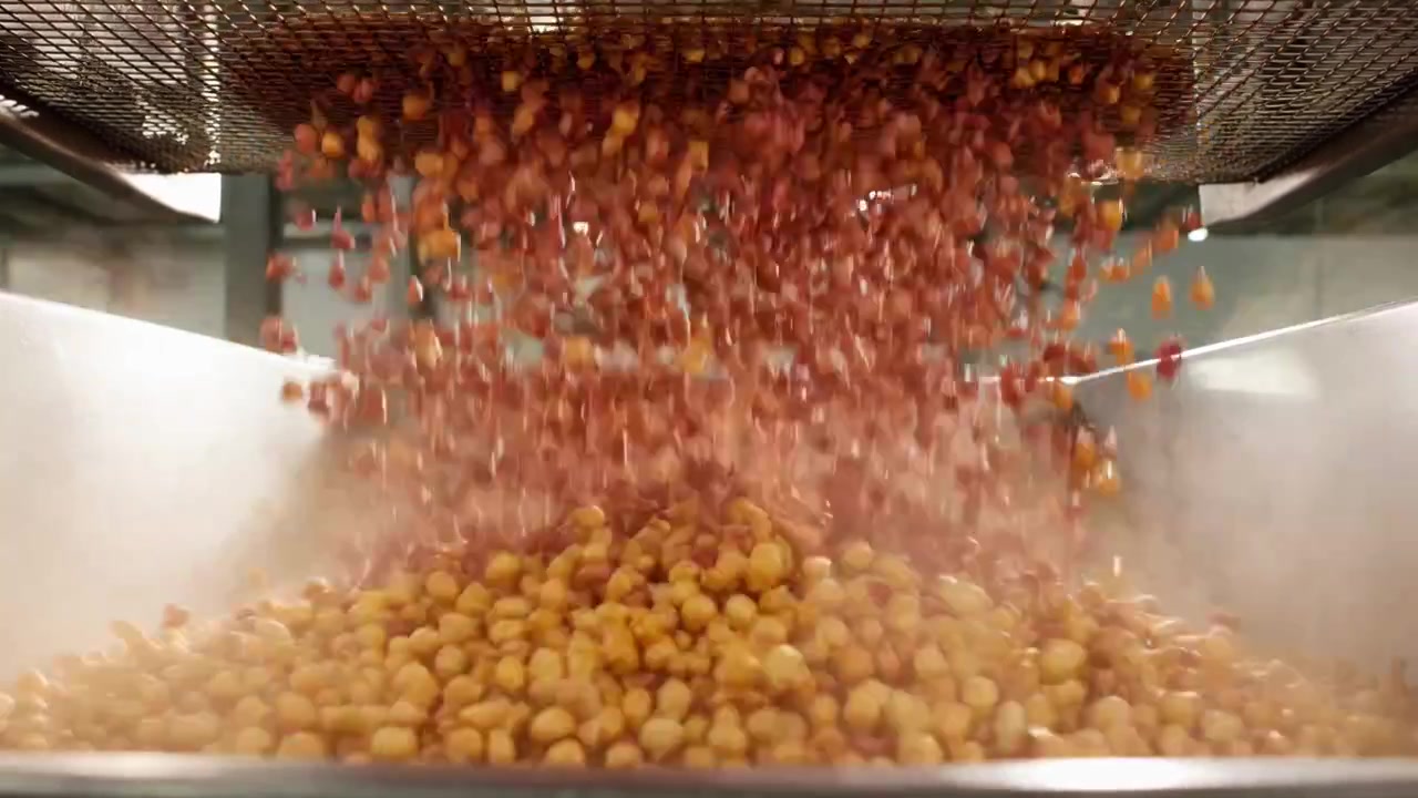Roasted Chickpeas Falling into Industrial Processing Bin