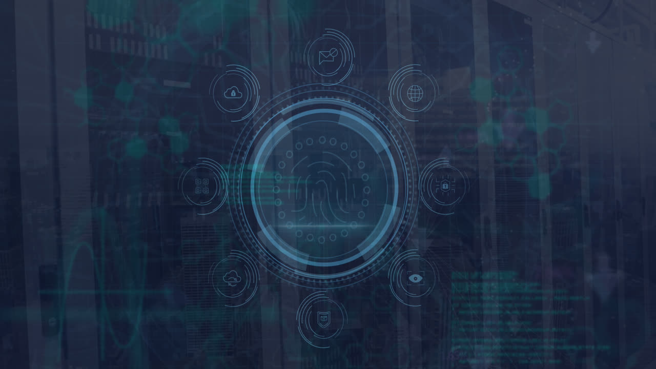 Animation of data protection text, fingerprint in circles, icons against molecules and server room
