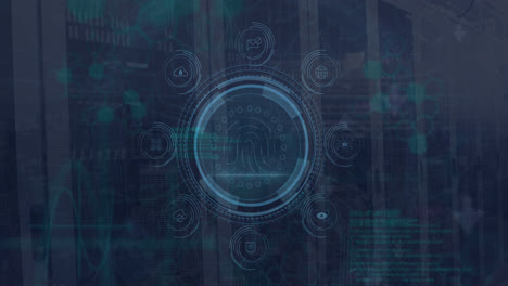 animation of data protection text, fingerprint in circles, icons against molecules and server room
