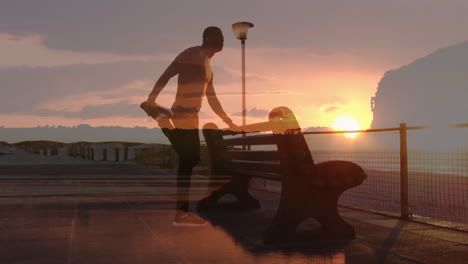 animation of sunset over exercising man