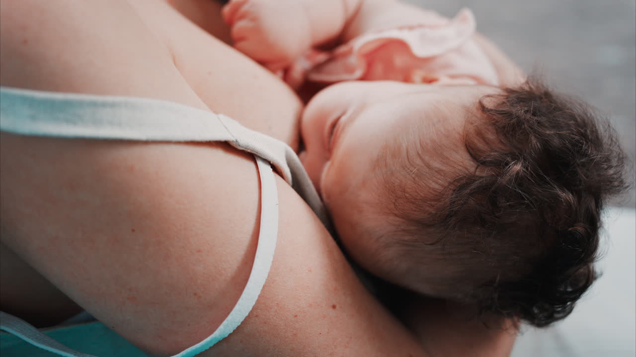 Tender moment of a mother nursing her baby in natural light in the park
