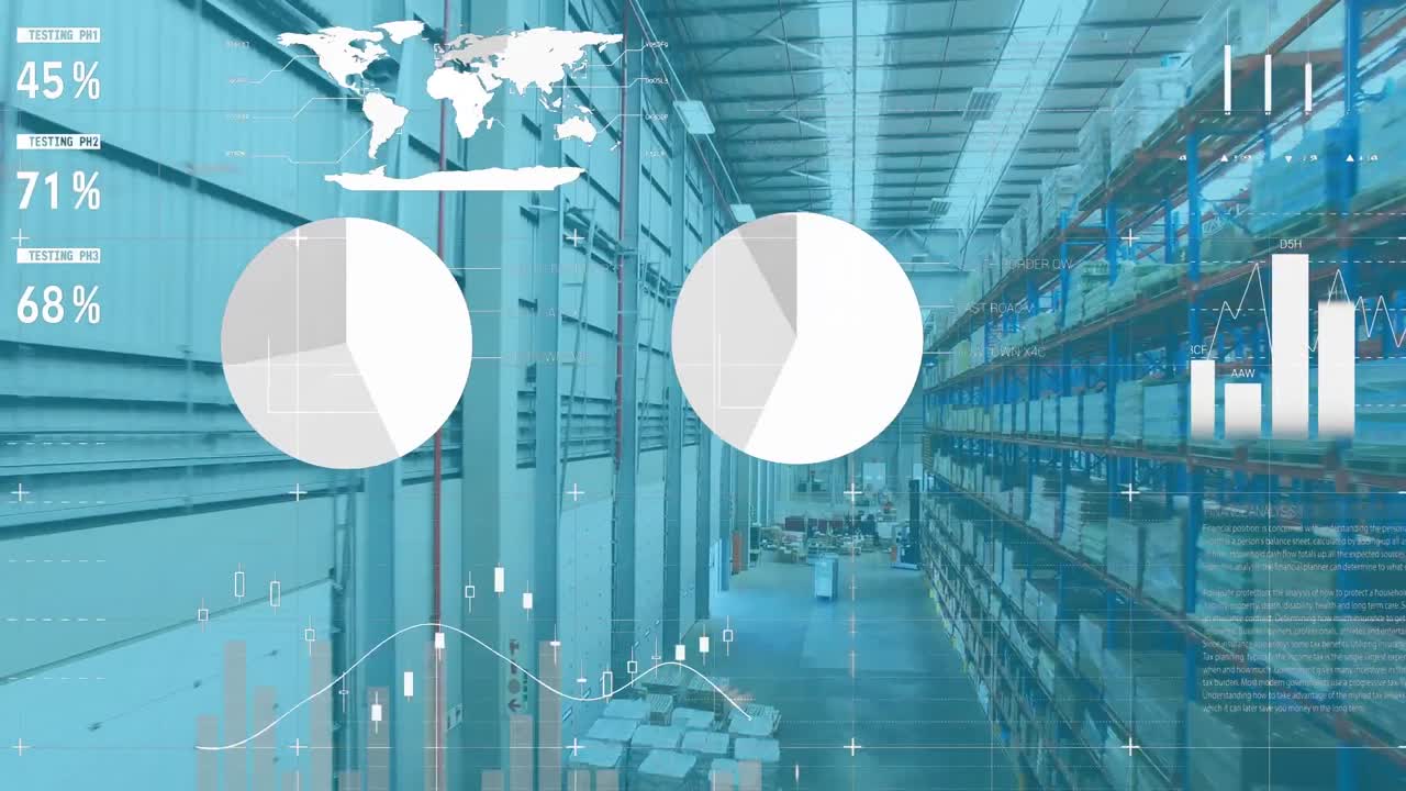 animación del procesamiento de datos estadísticos frente a una vista aérea de un almacén