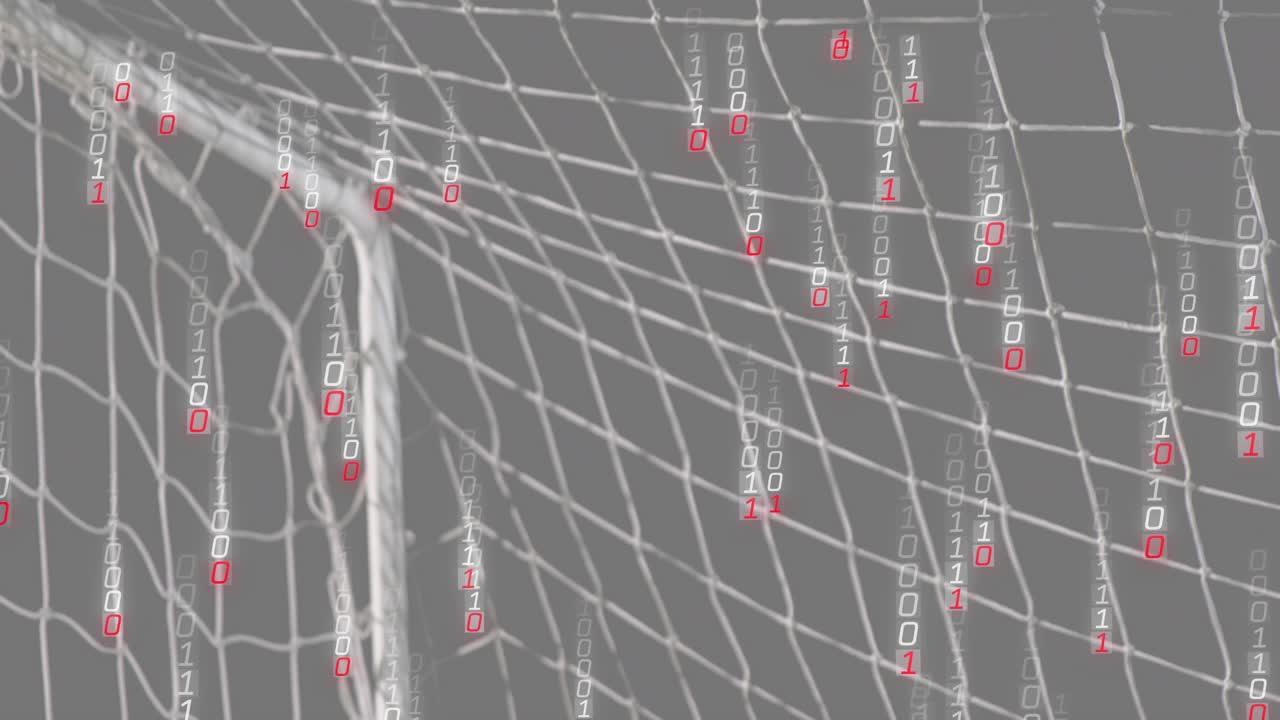 Binary digits cascading over goal net causing goalkeeper raising gloves and securing incoming ball