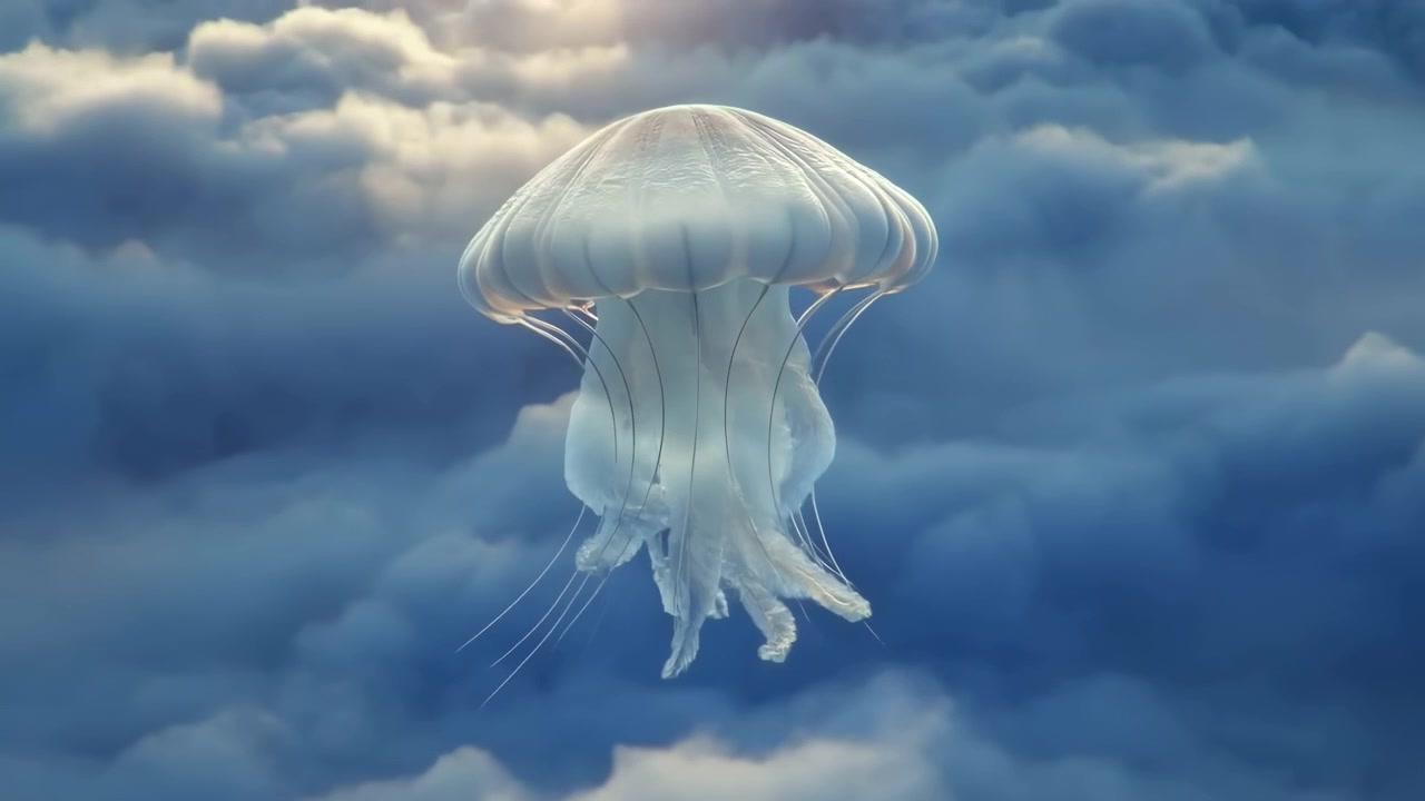 厚い雲の層を漂う半透明のクラゲを、やや上と後ろから見た様子。光る傘、後ろに伸びる触手、柔らかな縁のハイライト、そして穏やかな大気の深みが特徴的である。