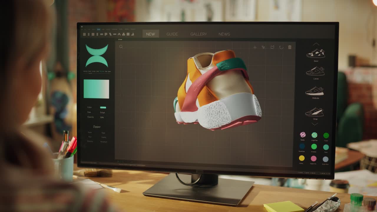 sobre la vista del hombro de la adolescente se le ocurre el diseño de zapatillas de deporte reproduciéndolo en el programa para la visualización 3d. cambia de color y mira al modelo desde diferentes lados. de cerca