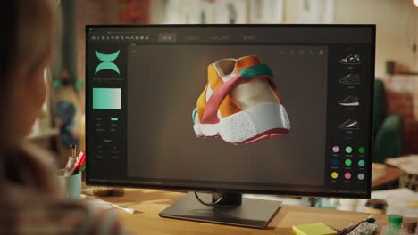 over the shoulder view of teenage female comes up with design of sneakers by reproducing it in the program for 3d visualisation. she changes colour and looking at model from different sides. close up