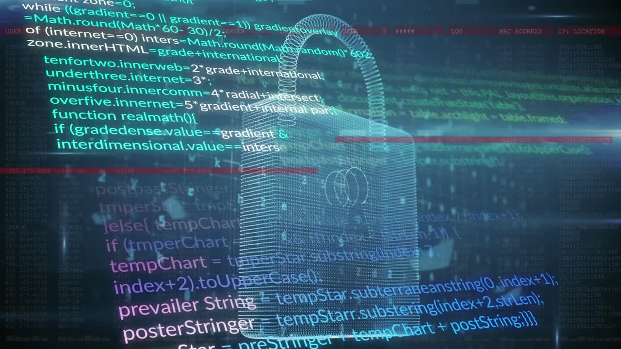Animation of computer language, padlock, letters, numbers, symbols over dynamic waves