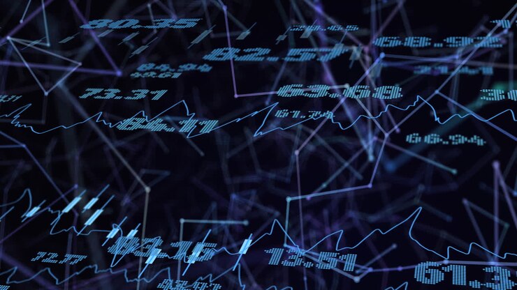 Animation of financial data processing and networks over black background