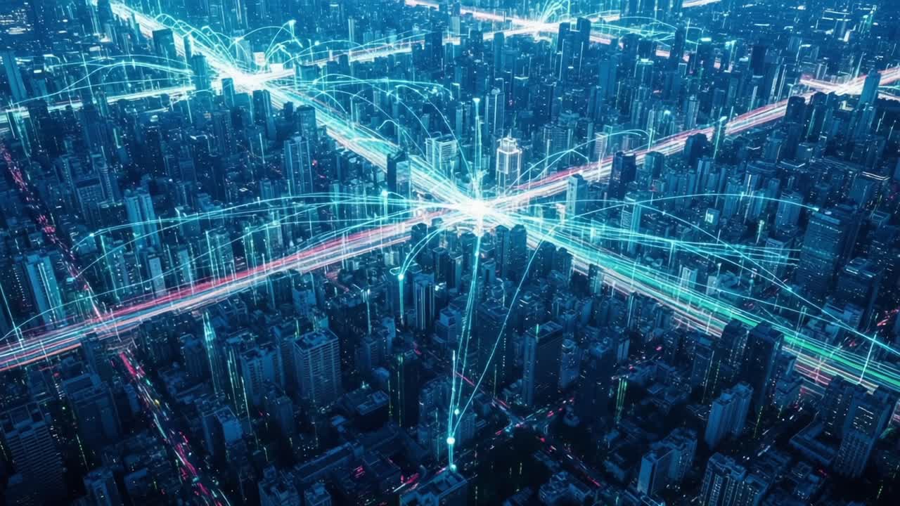 Aerial View of a Futuristic Cityscape with Digital Connections Illuminating Urban Intersections and Highways, Depicting the Intersection of Technology and Urban Life