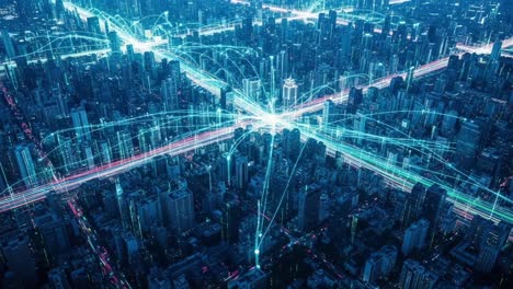 aerial view of a futuristic cityscape with digital connections illuminating urban intersections and highways, depicting the intersection of technology and urban life